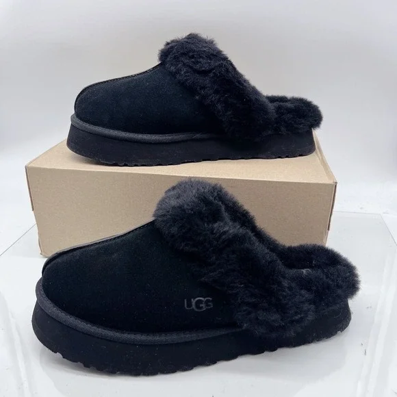 UGG Disquette Slide Slipper Shearling Platform Sandal Black Women's US 12 NEW!!!